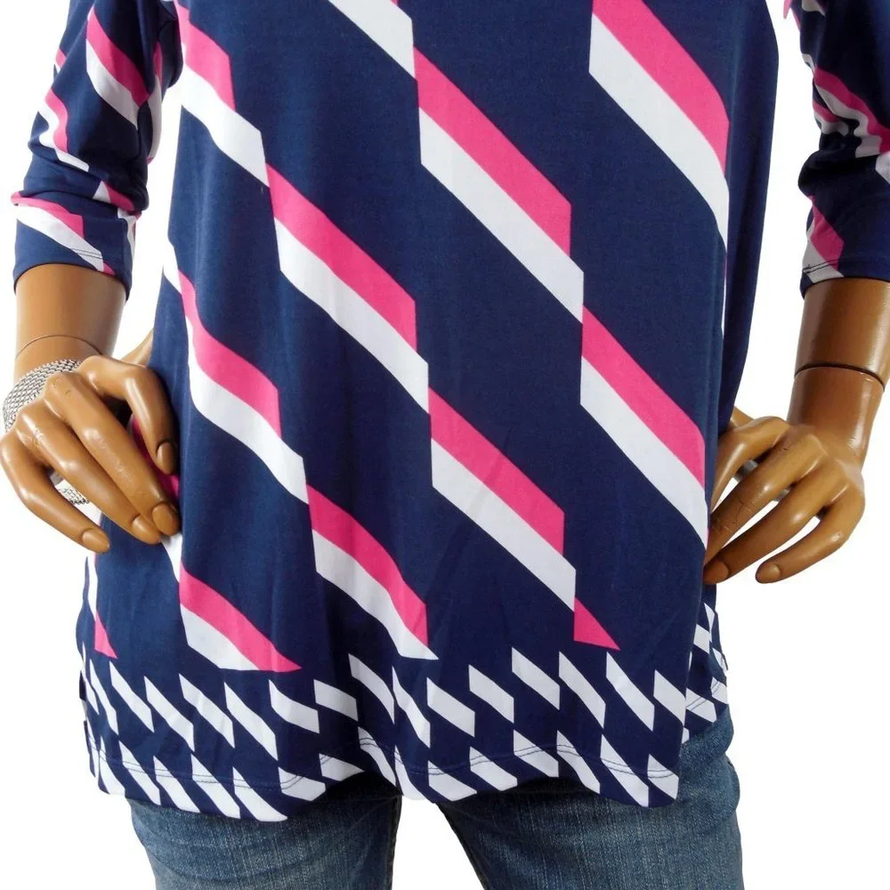 CHICO'S Top S Sz 0 Navy/Pink Stretch Blouse Lightweight 3/4 Sleeve Shirt - Picture 4 of 9